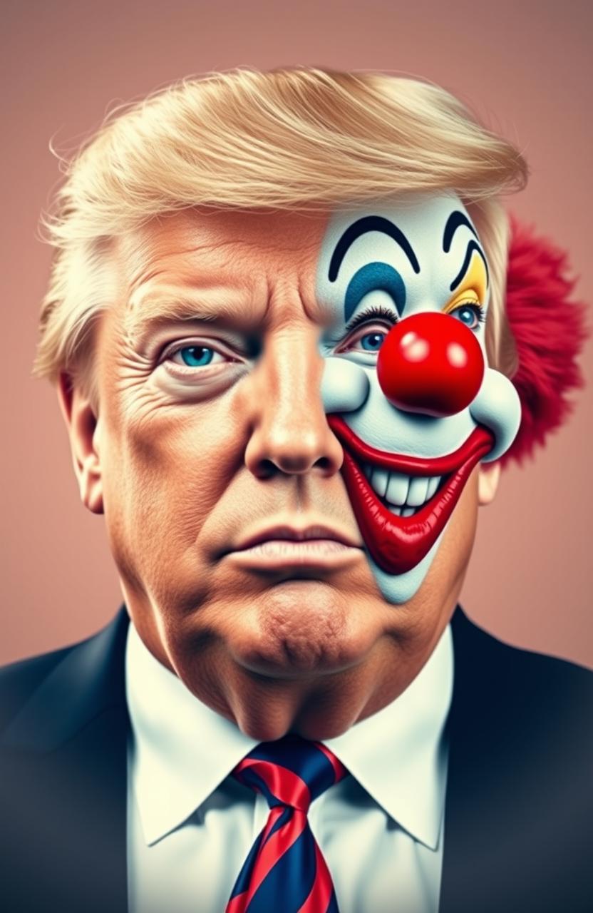 A striking and provocative portrait of Donald Trump, his face uniquely split down the center