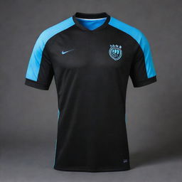 A black soccer jersey highlighted with light blue accents