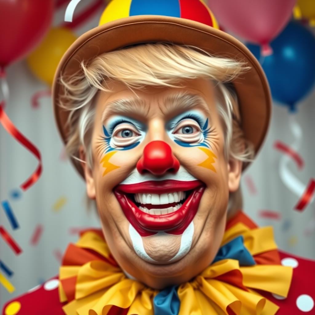 A whimsical and exaggerated portrait of Donald Trump as a clown