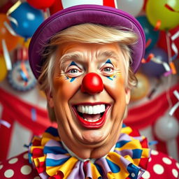 A whimsical and exaggerated portrait of Donald Trump as a clown