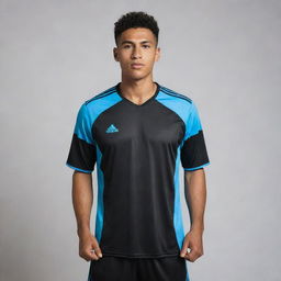 A black soccer jersey highlighted with light blue accents