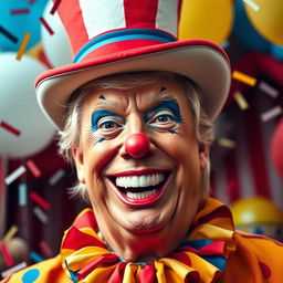 A whimsical and exaggerated portrait of Donald Trump as a clown