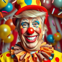 A whimsical and exaggerated portrait of Donald Trump as a clown