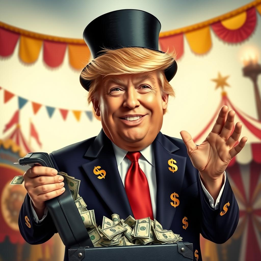 A satirical and exaggerated portrayal of Donald Trump as a charlatan