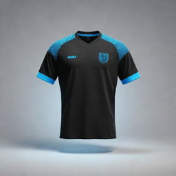 A black soccer jersey highlighted with light blue accents