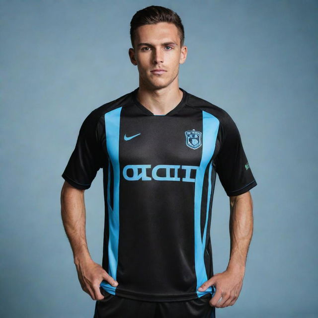 A black soccer jersey highlighted with light blue accents