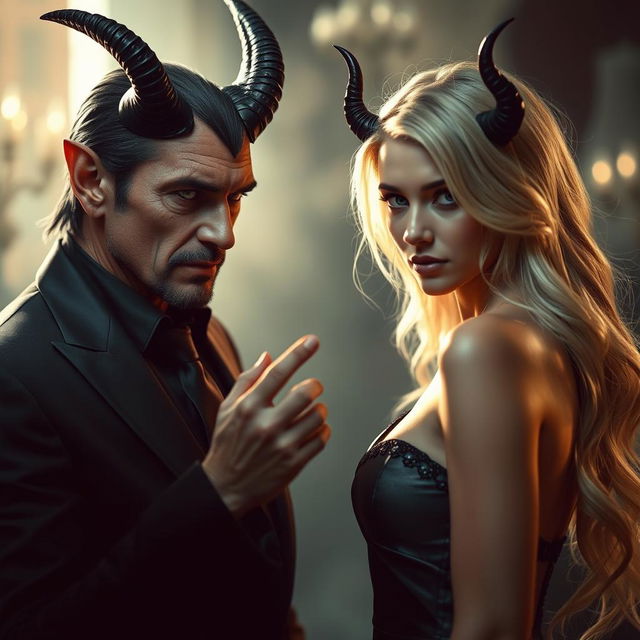 A hyper-realistic scene depicting a devil figure making a pact with a stunning blonde woman