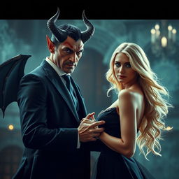 A hyper-realistic scene depicting a devil figure making a pact with a stunning blonde woman