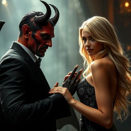 A hyper-realistic scene depicting a devil figure making a pact with a stunning blonde woman