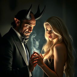 A hyper-realistic scene depicting a devil figure making a pact with a stunning blonde woman