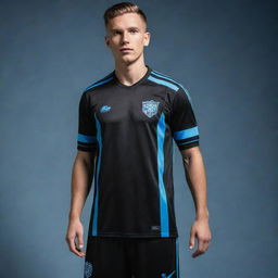 A black soccer jersey highlighted with light blue accents