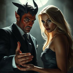 A hyper-realistic scene depicting a devil character making a pact with a beautiful blonde woman