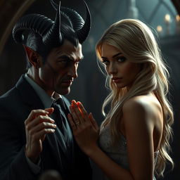 A hyper-realistic scene depicting a devil character making a pact with a beautiful blonde woman