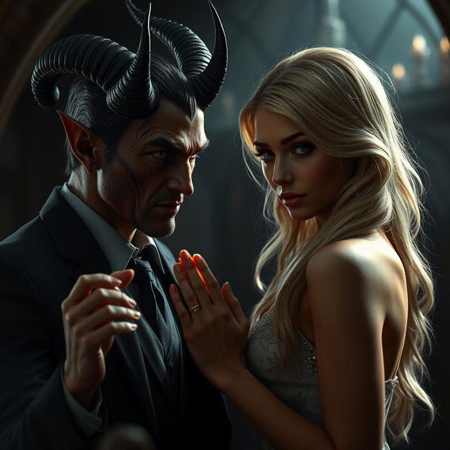 A hyper-realistic scene depicting a devil character making a pact with a beautiful blonde woman