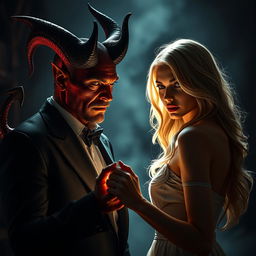 A hyper-realistic scene depicting a devil character making a pact with a beautiful blonde woman