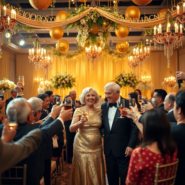 A celebratory scene for a Golden Anniversary, showcasing a beautifully decorated venue filled with golden decorations, elegant floral arrangements, and soft glowing lights