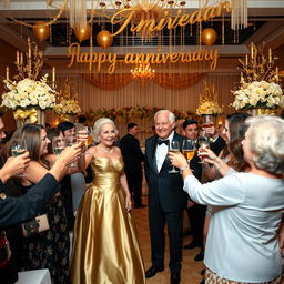 A celebratory scene for a Golden Anniversary, showcasing a beautifully decorated venue filled with golden decorations, elegant floral arrangements, and soft glowing lights