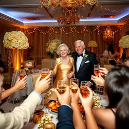 A celebratory scene for a Golden Anniversary, showcasing a beautifully decorated venue filled with golden decorations, elegant floral arrangements, and soft glowing lights