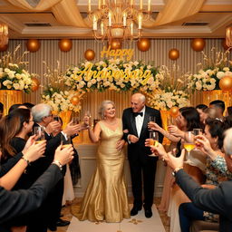 A celebratory scene for a Golden Anniversary, showcasing a beautifully decorated venue filled with golden decorations, elegant floral arrangements, and soft glowing lights