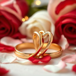 A beautifully designed close-up of golden heart-shaped wedding rings, symbolizing love and commitment, set against a soft, elegant background