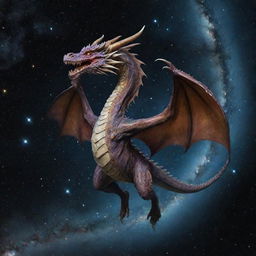 A majestic and mythical Galati dragon gracefully floating in the infinite expanse of space, surrounded by stars and distant galaxies.