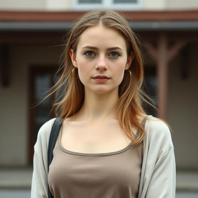 A 25-year-old woman with a Slavic appearance standing in front of a building