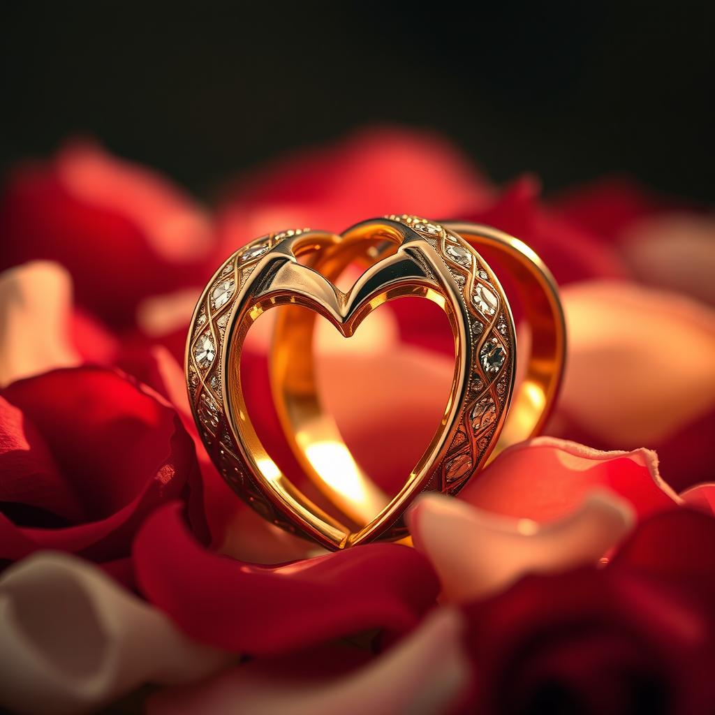 A captivating close-up of intertwined heart-shaped wedding rings, symbolizing everlasting love and unity, designed to celebrate a Golden Anniversary