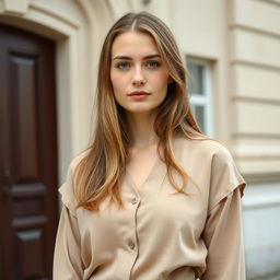 A 25-year-old woman with a Slavic appearance standing in front of a building