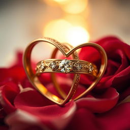 A captivating close-up of intertwined heart-shaped wedding rings, symbolizing everlasting love and unity, designed to celebrate a Golden Anniversary