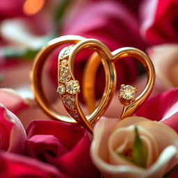 A captivating close-up of intertwined heart-shaped wedding rings, symbolizing everlasting love and unity, designed to celebrate a Golden Anniversary