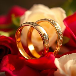 A captivating close-up of intertwined heart-shaped wedding rings, symbolizing everlasting love and unity, designed to celebrate a Golden Anniversary