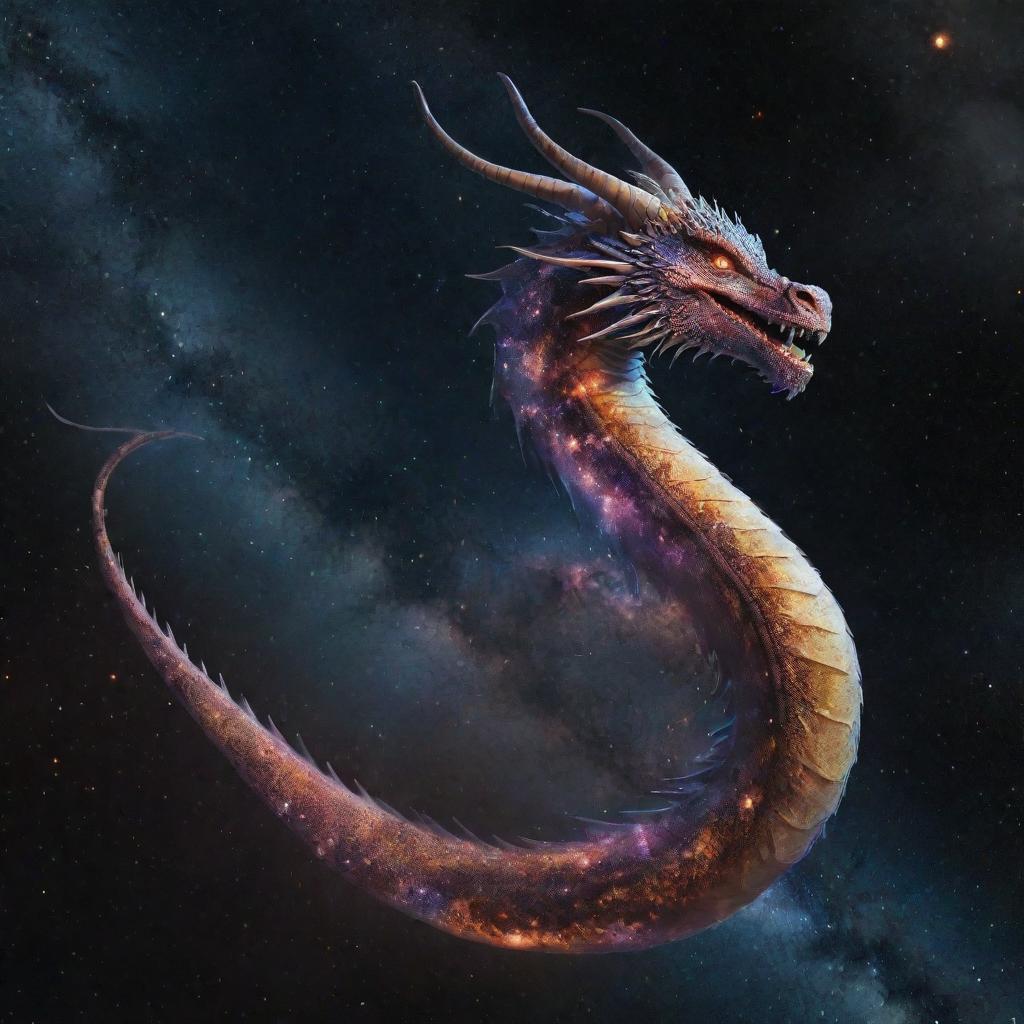 A majestic and mythical Galati dragon gracefully floating in the infinite expanse of space, surrounded by stars and distant galaxies.