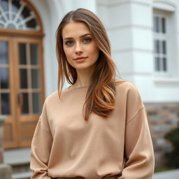 A 25-year-old woman with a Slavic appearance standing gracefully in front of a building