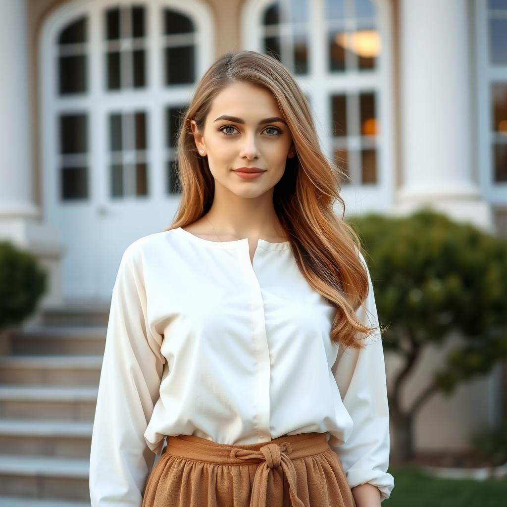 A 25-year-old woman with a Slavic appearance standing gracefully in front of a building