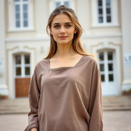 A 25-year-old woman with a Slavic appearance standing gracefully in front of a building