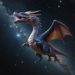 A majestic and mythical Galati dragon gracefully floating in the infinite expanse of space, surrounded by stars and distant galaxies.