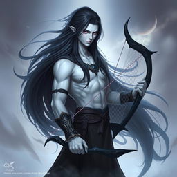 A mystical character inspired by Kindred from League of Legends, featuring striking white skin and long, flowing black hair