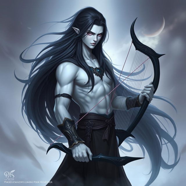 A mystical character inspired by Kindred from League of Legends, featuring striking white skin and long, flowing black hair