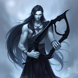 A mystical character inspired by Kindred from League of Legends, featuring striking white skin and long, flowing black hair