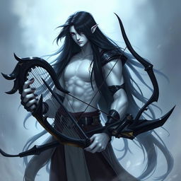 A mystical character inspired by Kindred from League of Legends, featuring striking white skin and long, flowing black hair