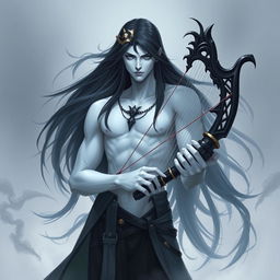 A mystical character inspired by Kindred from League of Legends, featuring striking white skin and long, flowing black hair