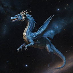 A majestic and mythical Galati dragon gracefully floating in the infinite expanse of space, surrounded by stars and distant galaxies.