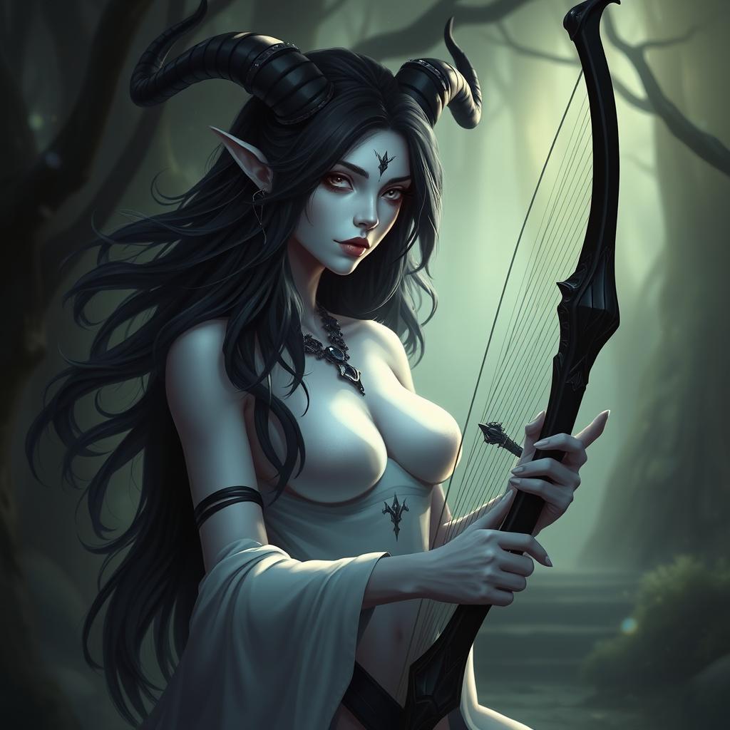 A woman satyr character inspired by Kindred from League of Legends, featuring striking white skin and flowing black hair