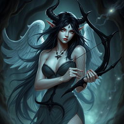 A woman satyr character inspired by Kindred from League of Legends, featuring striking white skin and flowing black hair