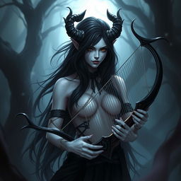 A woman satyr character inspired by Kindred from League of Legends, featuring striking white skin and flowing black hair