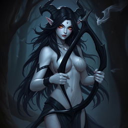 A woman satyr character inspired by Kindred from League of Legends, featuring striking white skin and flowing black hair