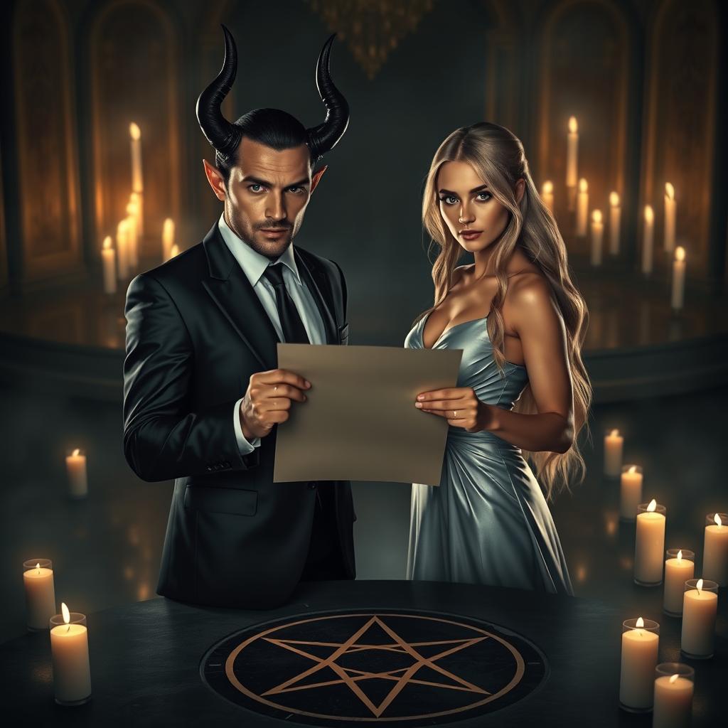 A hyper-realistic scene featuring a suave devil character with sharp horns, dressed in a sleek black suit, and a stunning blonde woman in an elegant silver dress, both looking directly at the viewer