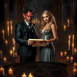 A hyper-realistic scene featuring a suave devil character with sharp horns, dressed in a sleek black suit, and a stunning blonde woman in an elegant silver dress, both looking directly at the viewer