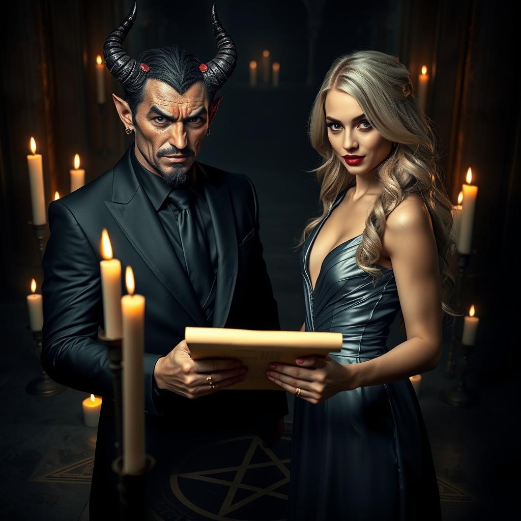 A hyper-realistic scene featuring a suave devil character with sharp horns, dressed in a sleek black suit, and a stunning blonde woman in an elegant silver dress, both looking directly at the viewer