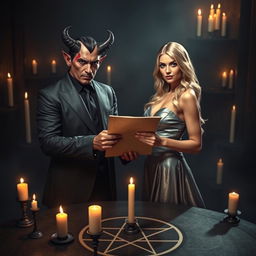 A hyper-realistic scene featuring a suave devil character with sharp horns, dressed in a sleek black suit, and a stunning blonde woman in an elegant silver dress, both looking directly at the viewer